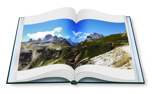 Megnyitott Fotókönyv Elszigetelt Fehér Background Csodálatos Kilátás Nyílik Dolomitok Olaszország — Stock Fotó