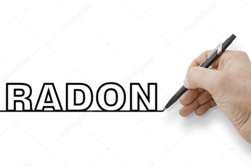 Hand holding a black pencil drawing a perfectly straight black line on white background with Radon text over it