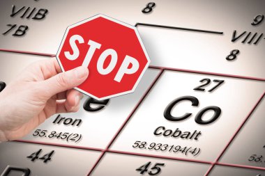 Ağır metaller - kavram görüntü Mendeleev periyodik tablo arka plan üzerinde kobalt kimyasal element karşı bir dur işareti tutan el ile durdurmak