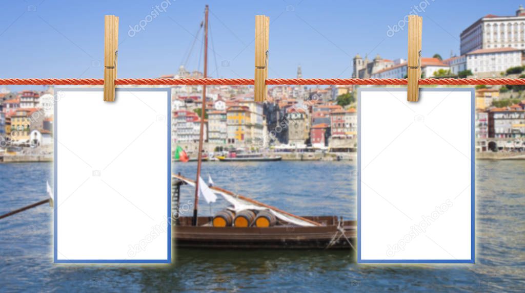 Blank photos hanging on clothesline with with Oporto defocused background (Portugal) - concept image