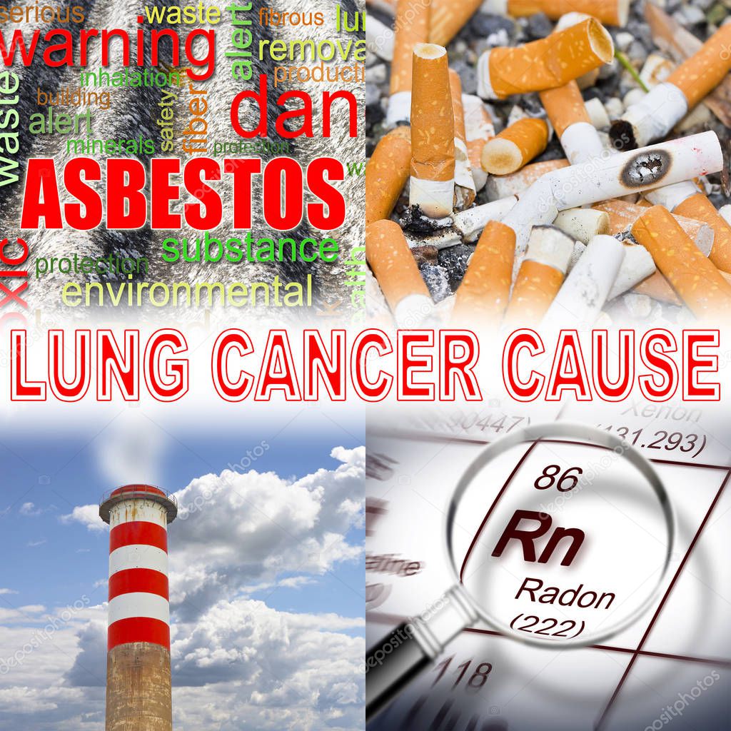Cigarettes, radon gas, air pollution, asbestos: the main causes of lung cancer - concept image