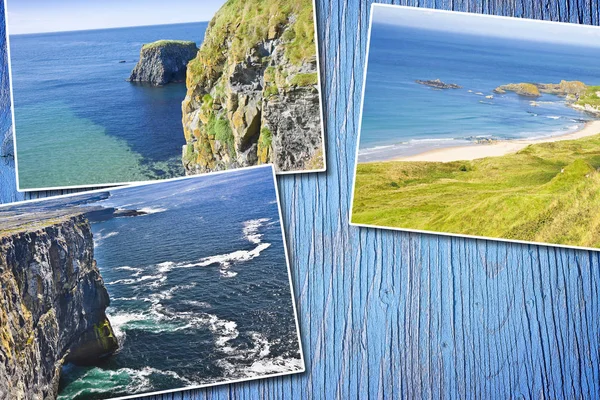 北アイルランドの崖 アイルランド風景色の木製の背景の Postards コンセプト — ストック写真
