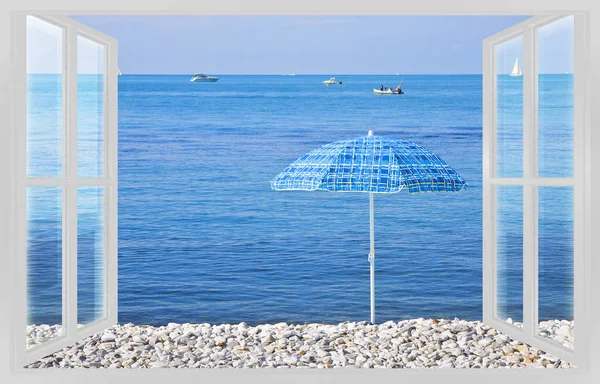 Guarda Chuva Azul Praia Contra Vista Mar Partir Janela Imagem — Fotografia de Stock