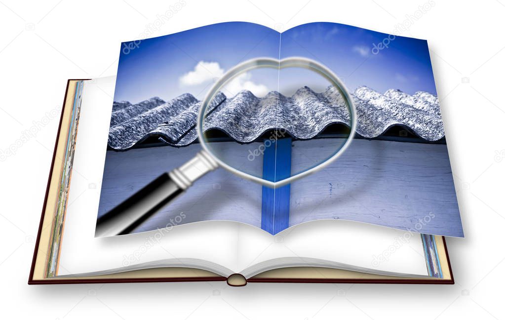 Analysis of the compounds of a dangerous asbestos roof - concept image with magnifying glass - 3D rendering concept image of an opened photo book isolated on white - I'm the copyright owner of the images used in this 3D render 