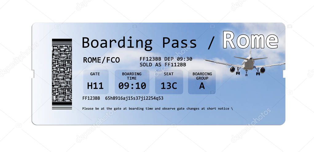 Airline boarding pass tickets to Rome isolated on white 