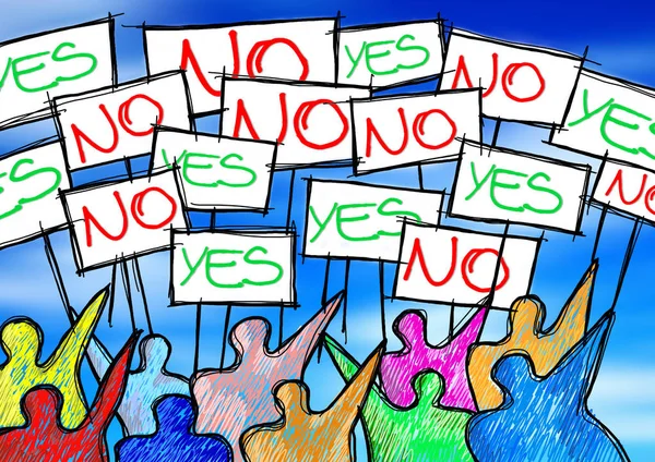 Een groep mensen protesteren schrijven "Ja en nee" op hun billb — Stockfoto
