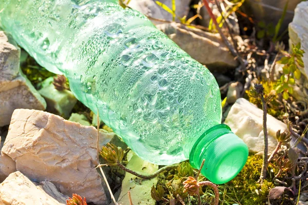 Lege groene plastic fles verlaten in de natuur - concept afbeelding — Stockfoto