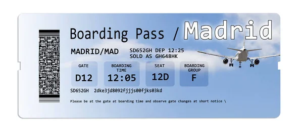 Flygbolaget boardingkort biljetter till Madrid isolerad på vit - den — Stockfoto