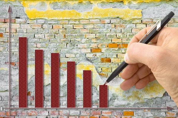 Hand draws a decreasing graph against a brick wall background -