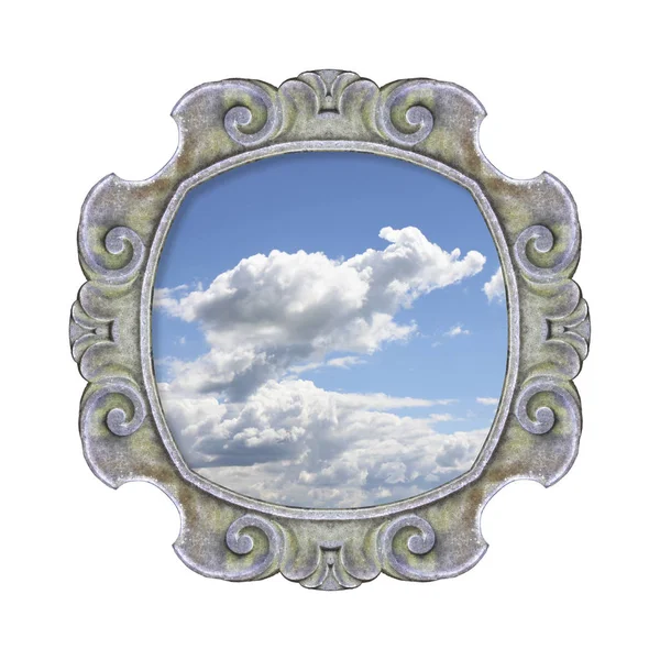 Old carved stone frame with the sky in the middle on white backg — Stock Photo, Image