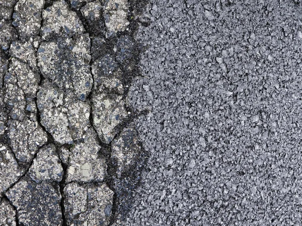 Старая поврежденная асфальтовая дорожная поверхность против новой дренажной системы — стоковое фото