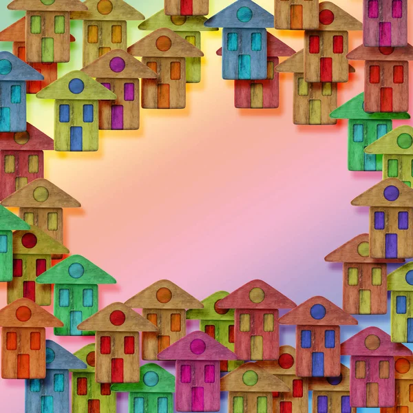 Renkli ahşap evler grubu-yeni bir kasaba kavramı görüntü oluşturun — Stok fotoğraf