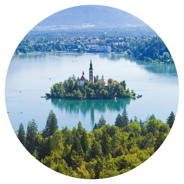 Round icon of Lake Bled (the most famous lake in Slovenia) with