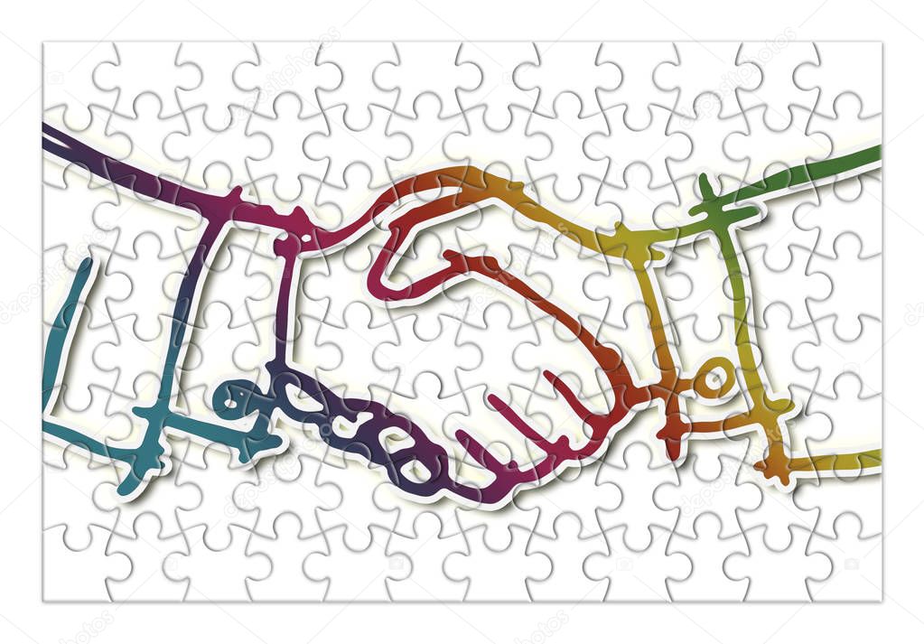 Handshake against a white background - concept image in jigsaw p