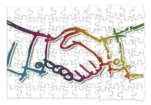 Handshake against a white background - concept image in jigsaw p — Stock Photo, Image