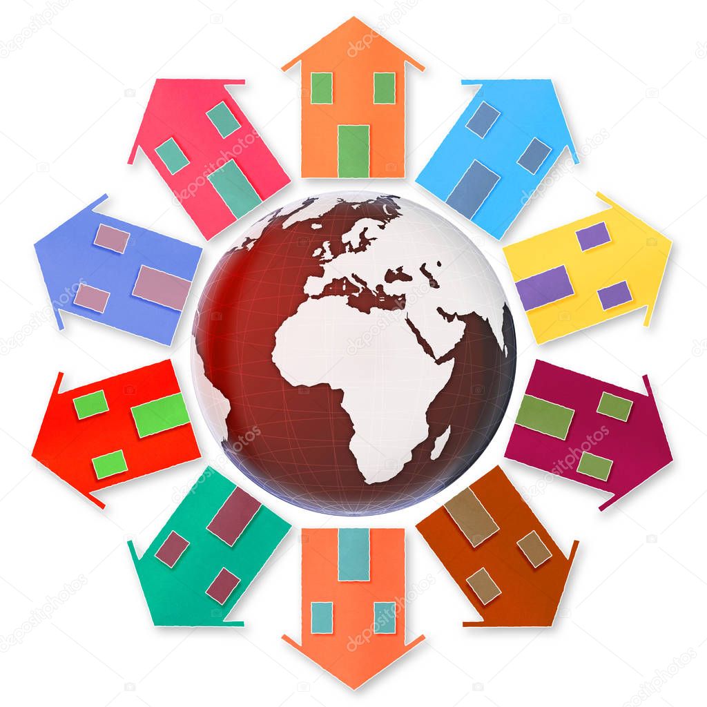 Global village concept - Ten small houses around the Earth