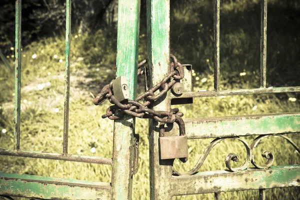 Metal gate closed with padlock — Stock Photo, Image