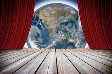 Open theater red curtains against our wonderful Planet Earth - c clipart