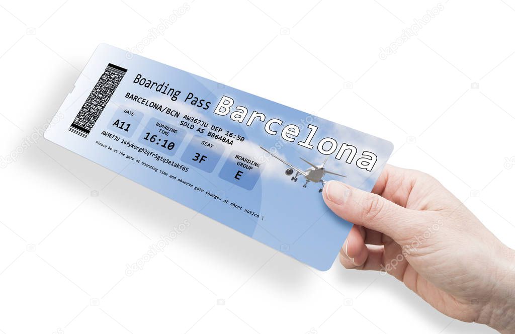 Hand of a woman holding a airplane ticket to Barcelona - image i