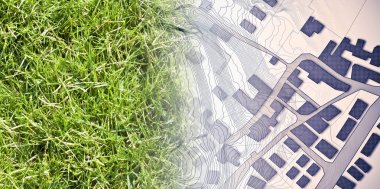 From nature to a new city - concept image with a green grass are clipart