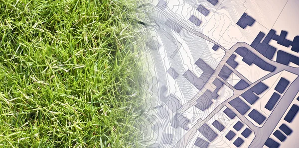 Från naturen till en ny stad-Konceptbild med ett grönt gräs är — Stockfoto