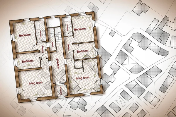 Residential building plan over an imaginary cadastral map of ter