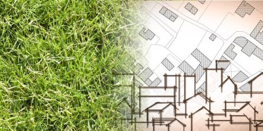From nature to a new city - concept image with a green grass are