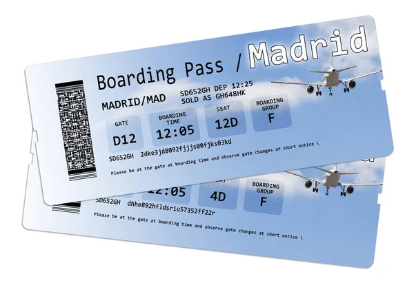Airline boarding pass tickets to Madrid isolated on white - The