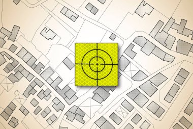 Target icon over an imaginary cadastral map of territory with bu clipart