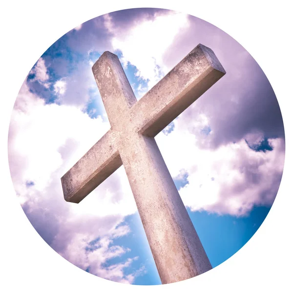 Concrete Christian cross against a dramatic cloudy sky - - Round — стоковое фото