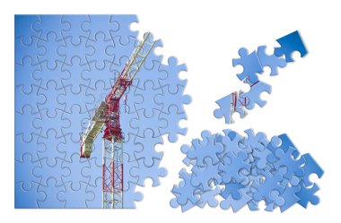 Tower crane against a blue background in puzzle shape - concept  clipart