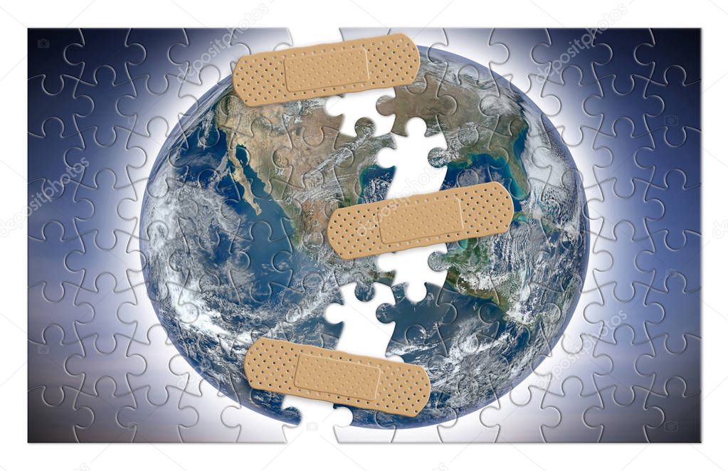 Rebuild our world - concept image in jigsaw puzzle shape - Elements of this image furnished by NASA