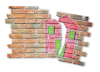 Kırık tuğla duvar üzerine çizilmiş bir renkli ev ile