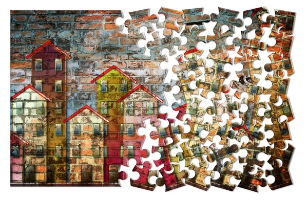 Immagine concetto di edilizia pubblica dipinta su un muro di mattoni - puzzle sh — Foto Stock