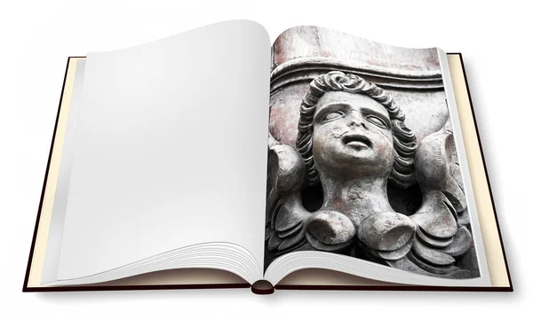 Скульптура деревянного ангела на открытой фотокниге, изолированной по остроумию — стоковое фото