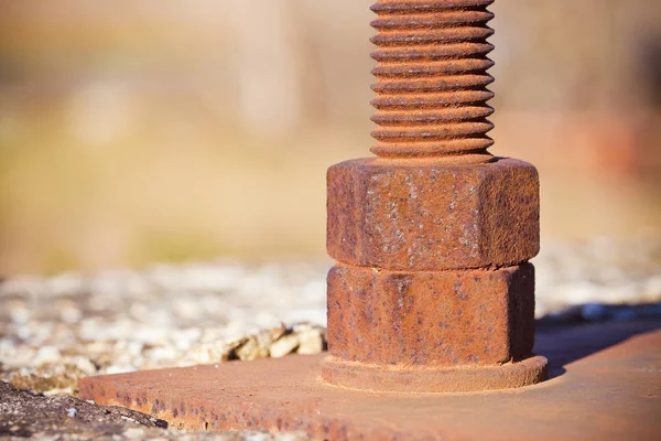 Old rusty bolt with threaded metal bar - image with copy space — Stock Photo, Image