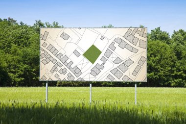 Advertising billboard immersed in a rural scene with a cadastral