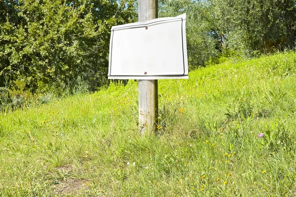 Trä stolpe på en grön äng med blank skylt som visar — Stockfoto