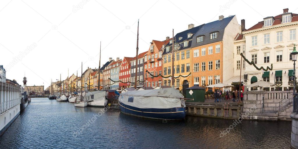 Panoramic view of the Nyhavn during the Christmas holidays with 