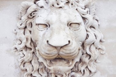 Taş bir ortaçağ aslan Başkanı heykel (Italya)-frontal Vie