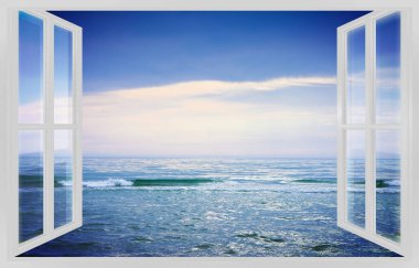 Beyaz bir pencereden görülen güneşli bir gün kavramı görüntü sakin deniz