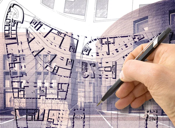Σχεδιάστε μια νέα πόλη-χέρι σχέδιο με ένα μολύβι ένα σκίτσο ενός νέου — Φωτογραφία Αρχείου