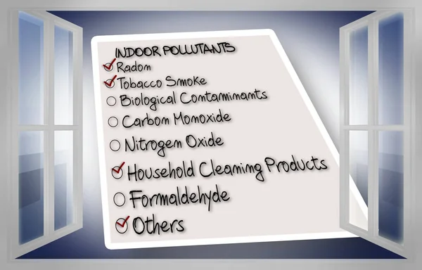 Check list of indoor air pollutants seen through an open window — Stock Photo, Image