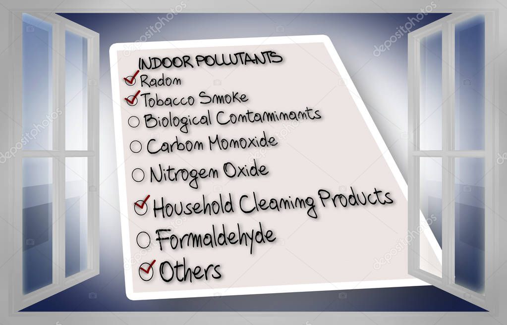 Check list of indoor air pollutants seen through an open window 
