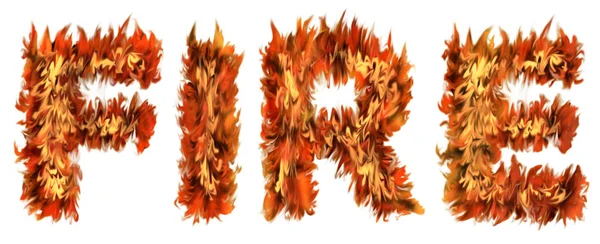 La palabra FUEGO escrita con letras hechas de fuego sobre respaldo blanco —  Fotos de Stock