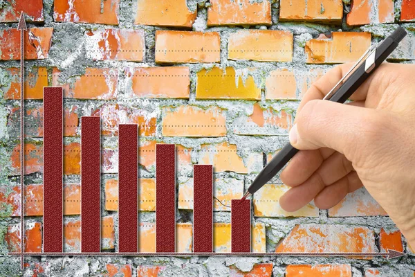 Hand draws a decreasing graph against a brick wall background -