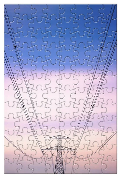 パワータワーと送電線 - ジグソーパズルのコンセプトイメージ — ストック写真
