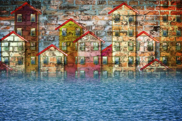 Casas inundadas durante uma inundação - conceito de danos ambientais ima — Fotografia de Stock