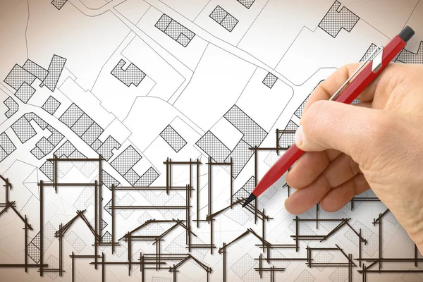 Architect drawing a residential building over an imaginary cadas — Stock Photo, Image