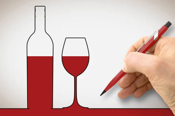 Dessin à la main d'une bouteille de vin avec un verre à vin - concept image w — Photo